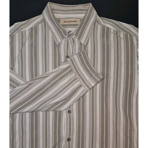 Vintage Tommy Bahama 100% Silk Dress Shirt Men's L Striped Beige Khaki